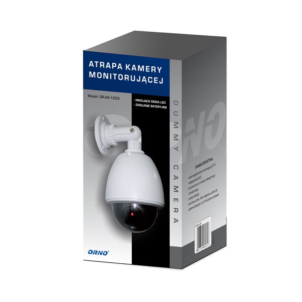 OR-AK-1203--Urządzenie o realnym wyglądzie obrotowej kamery monitorującej z migającą diodą LED. Atrapa przeznaczona do montażu wewnętrznego i zewnętrznego.