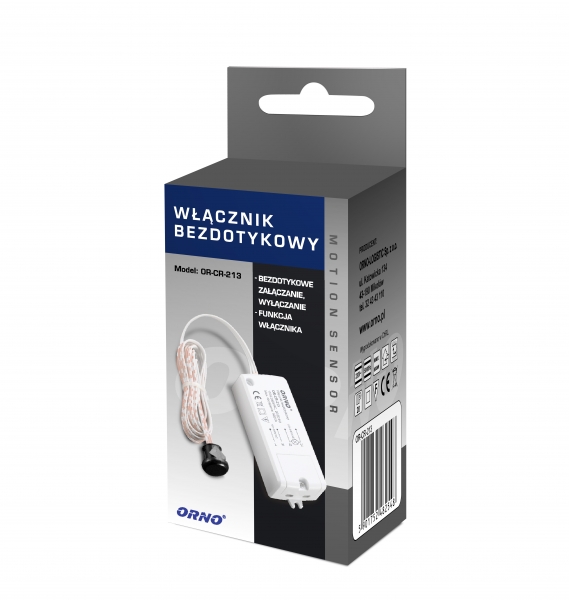 OR-CR-213--Czujnik załącza obwód elektryczny w momencie zarejestrowania ruchu ręki z odległości 5?6 cm. Wyłączenie następuje po odczytaniu kolejnego ruchu przez sensor. Urządzenie może służyć do sterowania oświetleniem luster, oświetleniem kuchennym itp. Współp