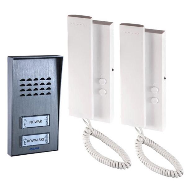 OR-DOM-SG-919--Zestaw domofonowy 2-żyłowy, może być podłączony na zwykłej instalacji dzwonkowej, montaż natynkowy, daszek ochronny w zestawie, podświetlane miejsce na nazwisko, możliwość stworzenia systemu 3 lub 4-rodzinnego, dodatkowe sterowanie bramą, dwustopniow