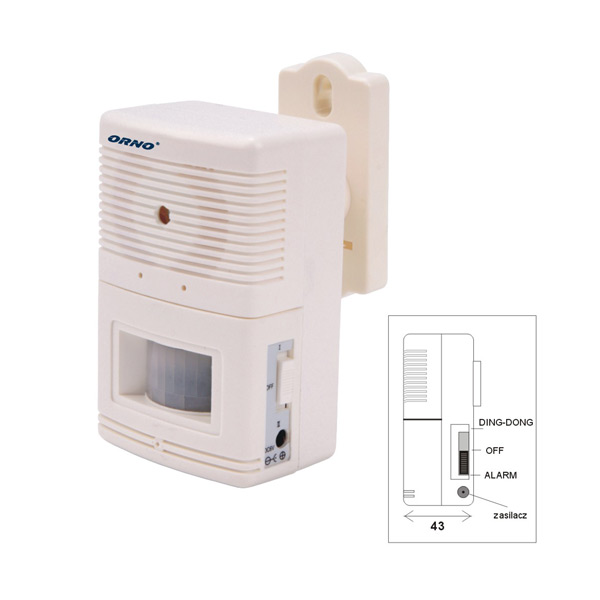 OR-MA-701--Sygnalizator ruchu do kontroli drzwi wejściowych, pomieszczeń magazynowych itp., dźwięk: ding dong lub alarm, kąt widzenia czujnika: 100°, czas trwania alarmu: 15?20 sekund, zasięg czujnika: 4?5 m.