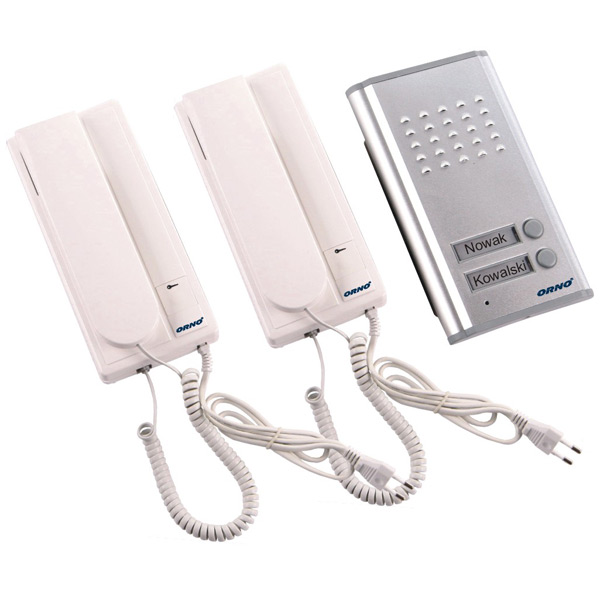 OR-DOM-RL-903--Zestaw domofonowy dwurodzinny, montaż podtynkowy, zastosowanie osłony OR-DOM-RL-901DN umożliwia montaż natynkowy, podświetlane miejsce na nazwiska, unifony posiadają wbudowany zasilacz i przewód zasilający, elektrozaczep nie wymaga dodatkowego zasila