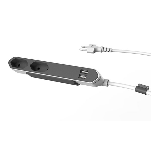 9102/PB2SEU--Nowoczesny, wąski kompaktowy przedłużacz sieciowy wyposażony w uchwyt typu ?snap-on?, który umożliwia montaż w dowolnym miejscu. Urządzenie posiada dwa gniazda sieciowe z przesłonami torów prądowych, ładowarkę do wszelkiego typu telefonów, smartfonów