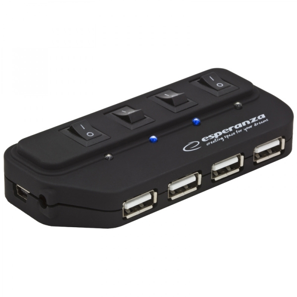 ESP-EA127--EA127 Hub USB 2.0 4 porty EsperanzaDane techniczne:4 PORTOWY HUB USB 2.0 z wyłącznikamiIdealny dla użytkownik&amp;oacute;w notebook&amp;oacute;w i komputer&amp;oacute;w stacjonarnych Transfer danych do 480MB/s (USB 2.0)Zasilanie 5V500mA W