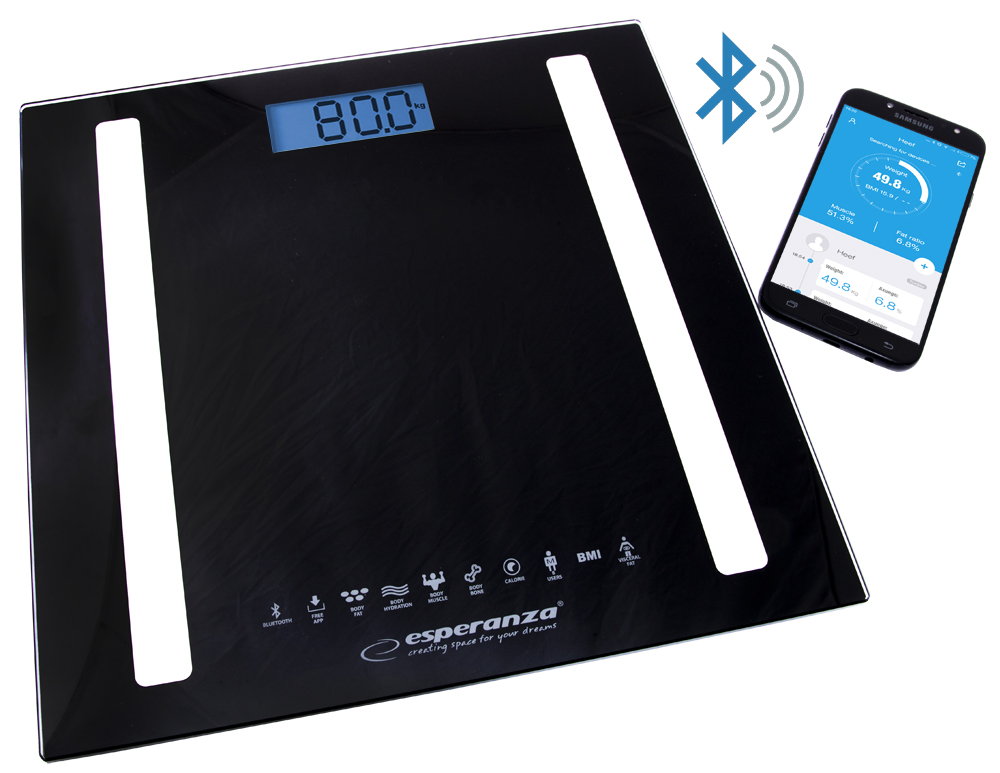ESP-EBS016K--EBS016K Waga łazienkowa analityczna cyfrowa 8w1 Bluetooth B.Fit czarnaW naszej wadze diagnostycznej Esperanza '8w1' B.FIT do pomiaru komponent&amp;oacute;w składu ciała wykorzystana została innowacyjna technologia BIA (analiza impedancj