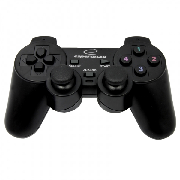 ESP-EG102--EG102 Gamepad PC USB Warrior czarny EsperanzaFunkcjonalny gamepad z wibracjami do komputer&amp;oacute;w PC.Idealnie wsp&amp;oacute;łpracuje z zaawansowanymi grami. Ergonomiczny kształt ułatwia trzymanie i nie powoduje zmęczenia dłoni w czasie