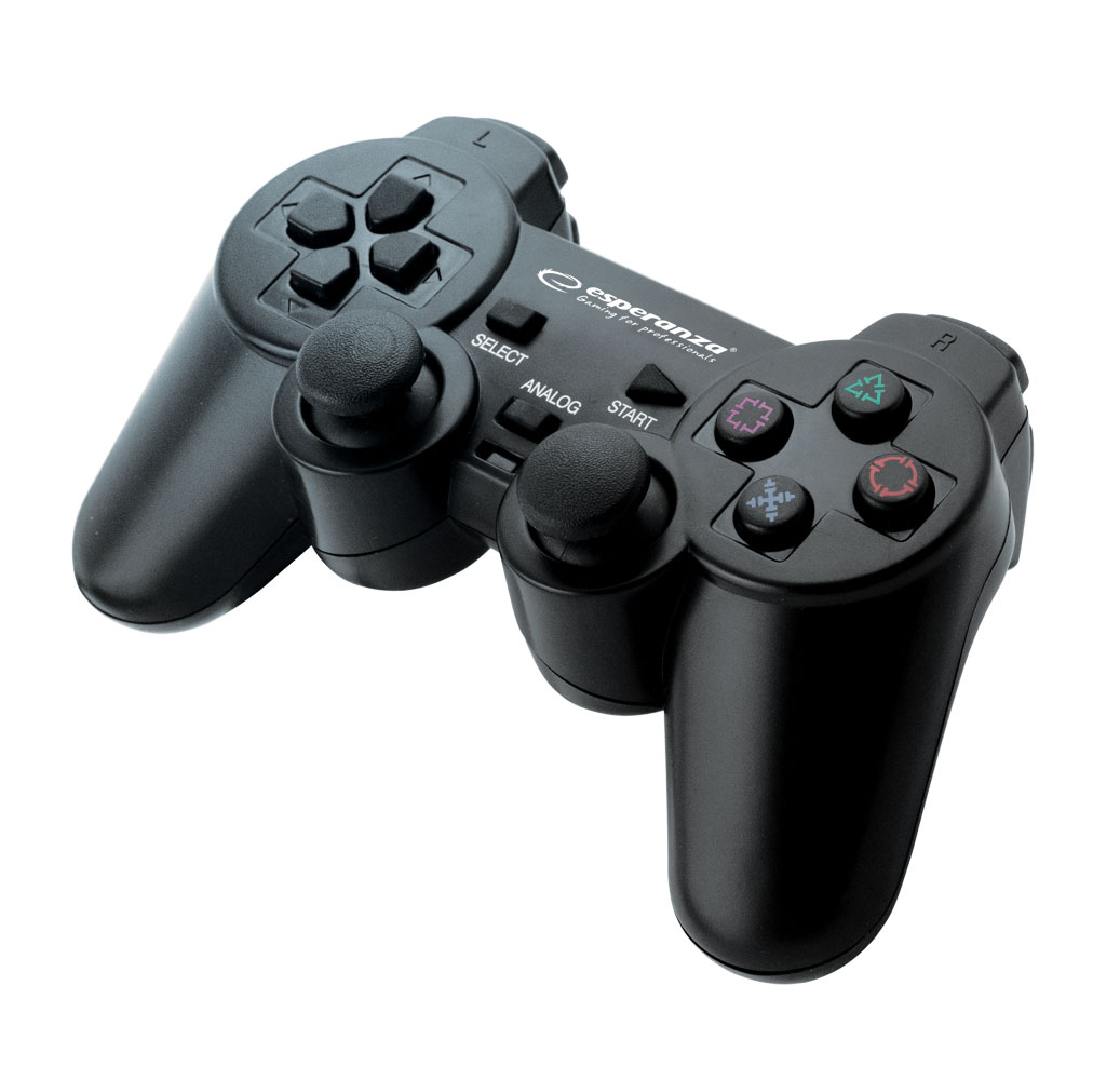 ESP-EG106--EG106 Gamepad PS2/PS3/PC USB Corsair czarny EsperanzaFunkcjonalny gamepad z wibracjami do konsol PS2 i PS3 oraz komputer&amp;oacute;w PC.Idealnie wsp&amp;oacute;łpracuje z zaawansowanymi grami. Ergonomiczny kształt ułatwia trzymanie i nie pow