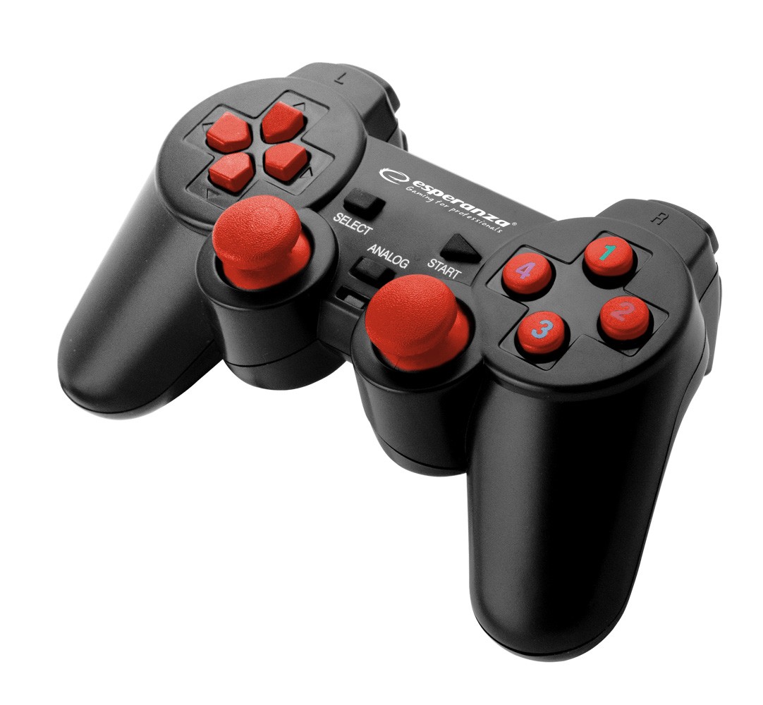 ESP-EGG102R--EGG102R Gamepad PC USB Warrior czarno-czerwony EsperanzaFunkcjonalny gamepad z wibracjami. Wspaniale wsp&amp;oacute;łpracuje z zaawansowanymi grami. Ergonomiczny kształt ułatwia trzymanie i nie powoduje zmęczenia dłoni w czasie gry. 2 analogowe m