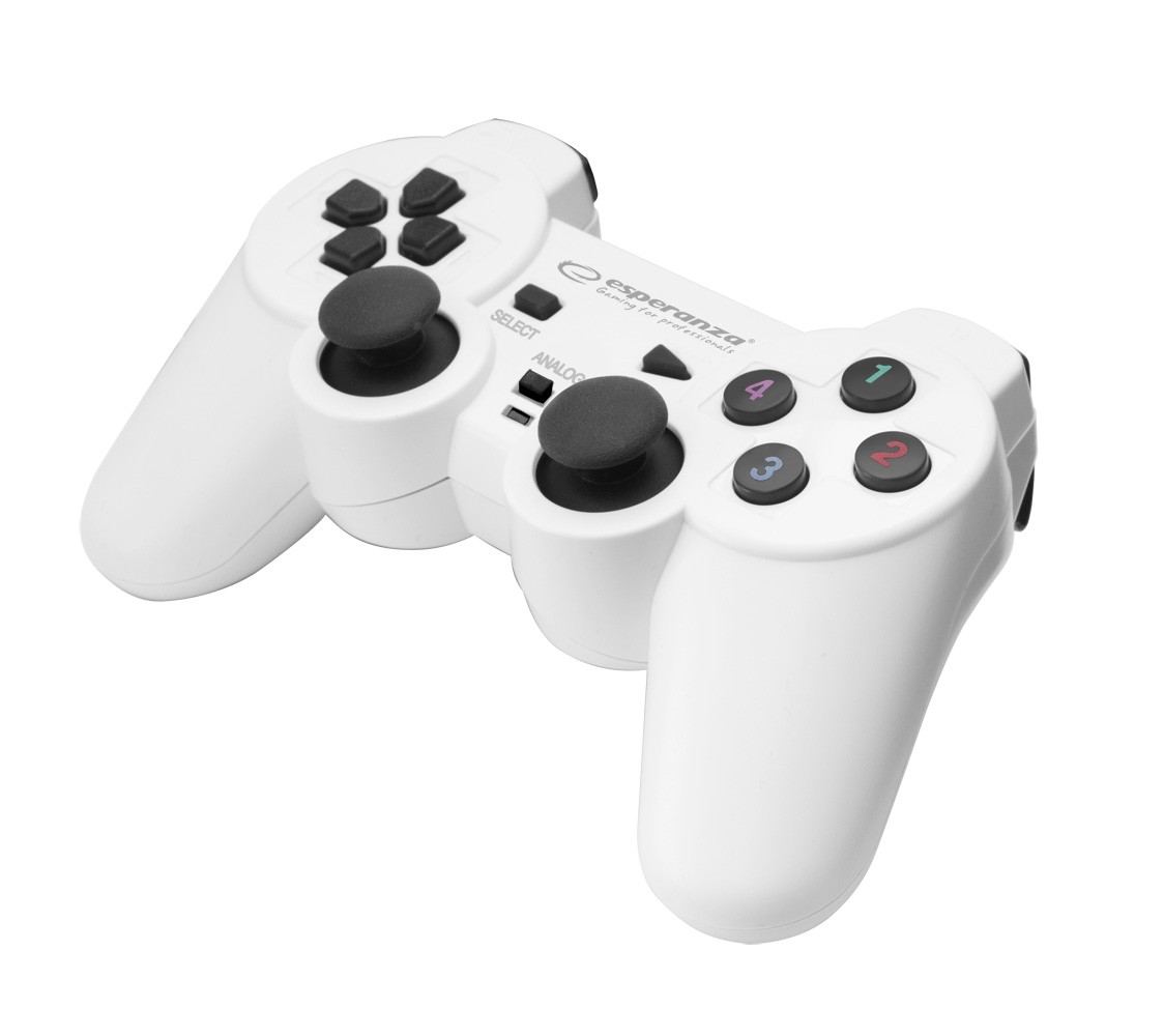 ESP-EGG102W--EGG102W Gamepad PC USB Warrior biało-czarny EsperanzaFunkcjonalny gamepad z wibracjami. Wspaniale wsp&amp;oacute;łpracuje z zaawansowanymi grami. Ergonomiczny kształt ułatwia trzymanie i nie powoduje zmęczenia dłoni w czasie gry. 2 analogowe mani