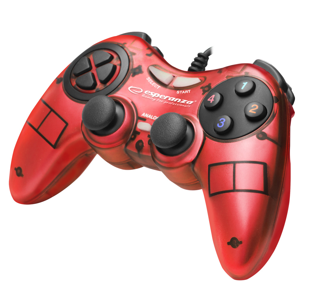 ESP-EGG105R--EGG105R Gamepad PC USB Fighter czerwony EsperanzaFunkcjonalny gamepad z wibracjami do komputer&amp;oacute;w PC.Idealnie wsp&amp;oacute;łpracuje z zaawansowanymi grami. Ergonomiczny kształt ułatwia trzymanie i nie powoduje zmęczenia dłoni w cz