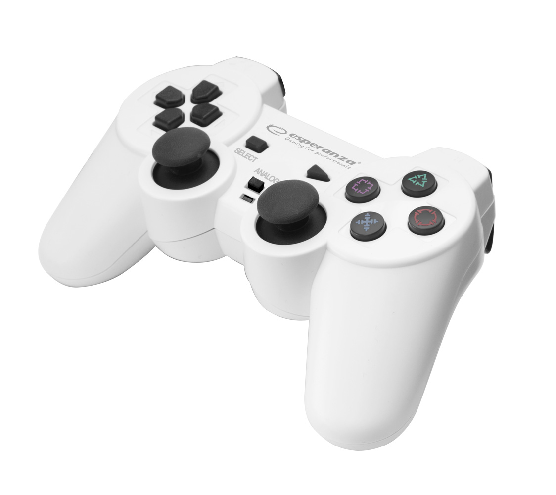 ESP-EGG107W--EGG107W Gamepad PC/PS3 USB Trooper biało-czarny EsperanzaFunkcjonalny gamepad z wibracjami do konsol PS3 oraz komputer&amp;oacute;w PC.Idealnie wsp&amp;oacute;łpracuje z zaawansowanymi grami. Ergonomiczny kształt ułatwia trzymanie i nie powod