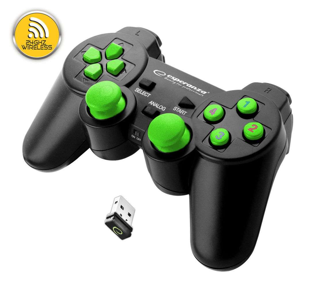 ESP-EGG108G--EGG108G Gamepad bezprzewodowy PC/PS3 USB Gladiator czarno-zielonyFunkcjonalny bezprzewodowy gamepad z wibracjami. Idealnie wsp&amp;oacute;łpracuje z zaawansowanymi grami. Ergonomiczny kształt ułatwia trzymanie i nie powoduje zmęczenia dłoni w cza