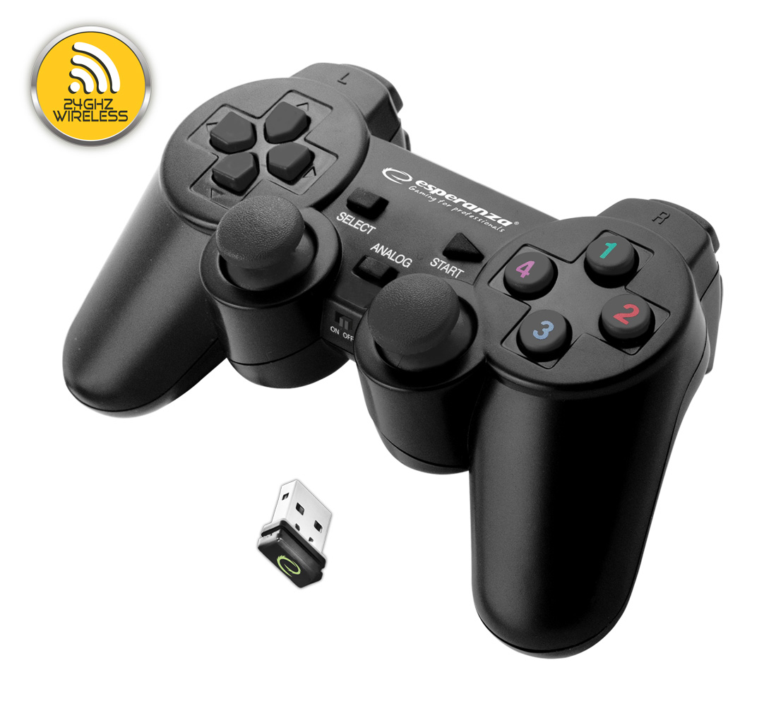 ESP-EGG108K--EGG108K Gamepad bezprzewodowy PC/PS3 USB Gladiator czarnyFunkcjonalny bezprzewodowy gamepad z wibracjami. Idealnie wsp&amp;oacute;łpracuje z zaawansowanymi grami. Ergonomiczny kształt ułatwia trzymanie i nie powoduje zmęczenia dłoni w czasie gry.