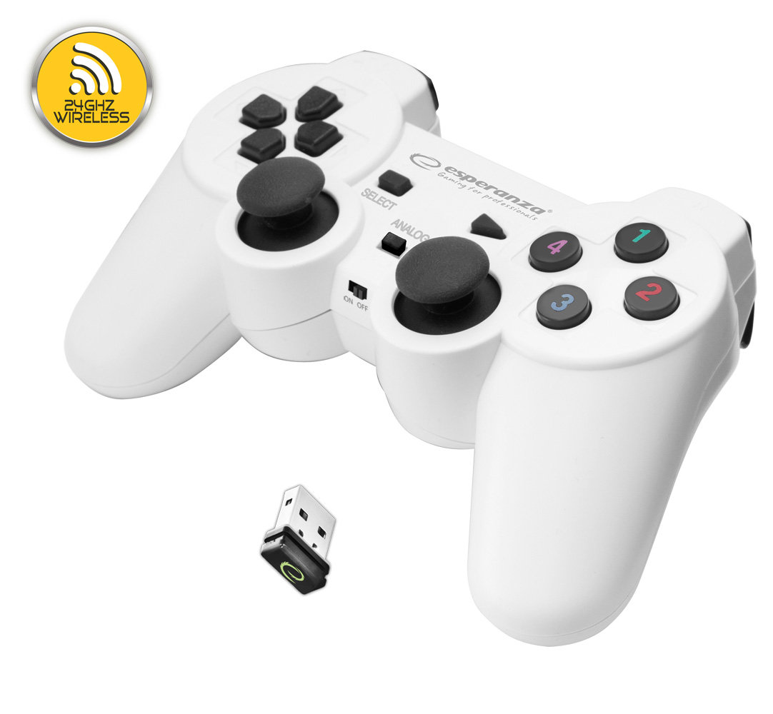 ESP-EGG108W--EGG108W Gamepad bezprzewodowy PC/PS3 USB Gladiator biało-czarnyFunkcjonalny bezprzewodowy gamepad z wibracjami. Idealnie wsp&amp;oacute;łpracuje z zaawansowanymi grami. Ergonomiczny kształt ułatwia trzymanie i nie powoduje zmęczenia dłoni w czasi