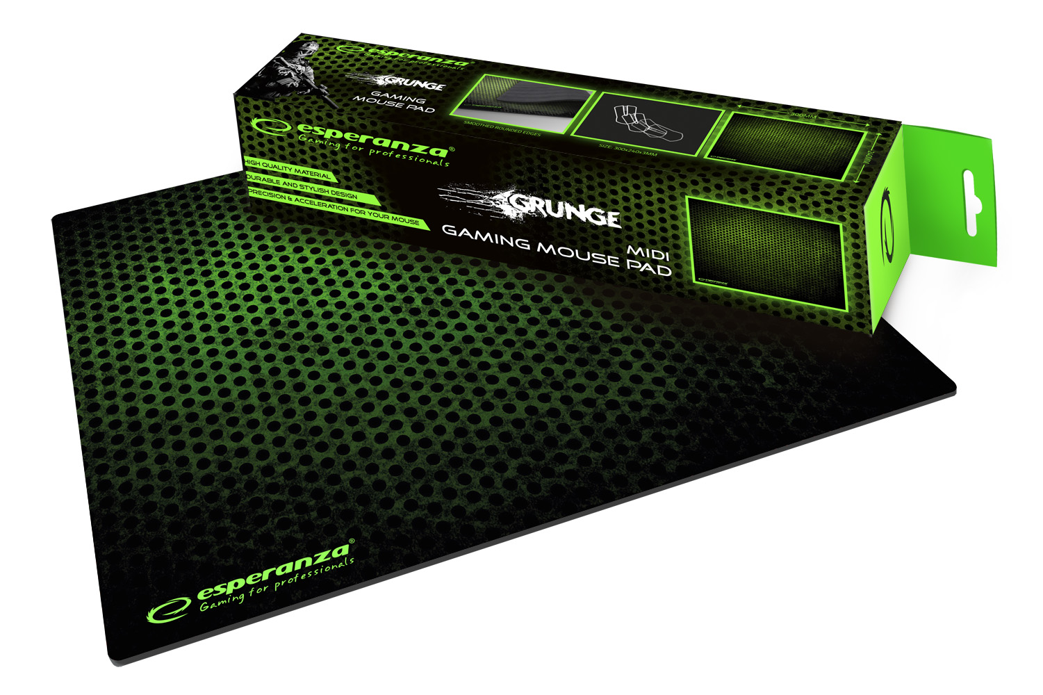 ESP-EGP102G--EGP102G Podkładka gaming pod mysz Grunge Midi EsperanzaSpecyfikacja:Wysokiej jakości, nowoczesna, trwała podkładka pod mysz przeznaczona dla graczy. Kompatybilna z myszkami laserowymi i optycznymi.Odpowiednie ułożenie wł&amp;oacute;kien w tkanini