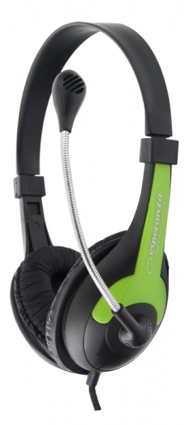 ESP-EH158G--EH158G Słuchawki z mikrofonem Rooster zielone EsperanzaStylowe, bardzo eleganckie, stereofoniczne słuchawki z mikrofonem i umieszczoną na kablu regulacją głośności. Pałąk nagłowny z obustronną regulacją wielkości, został wykonany z dw&amp;oacute;
