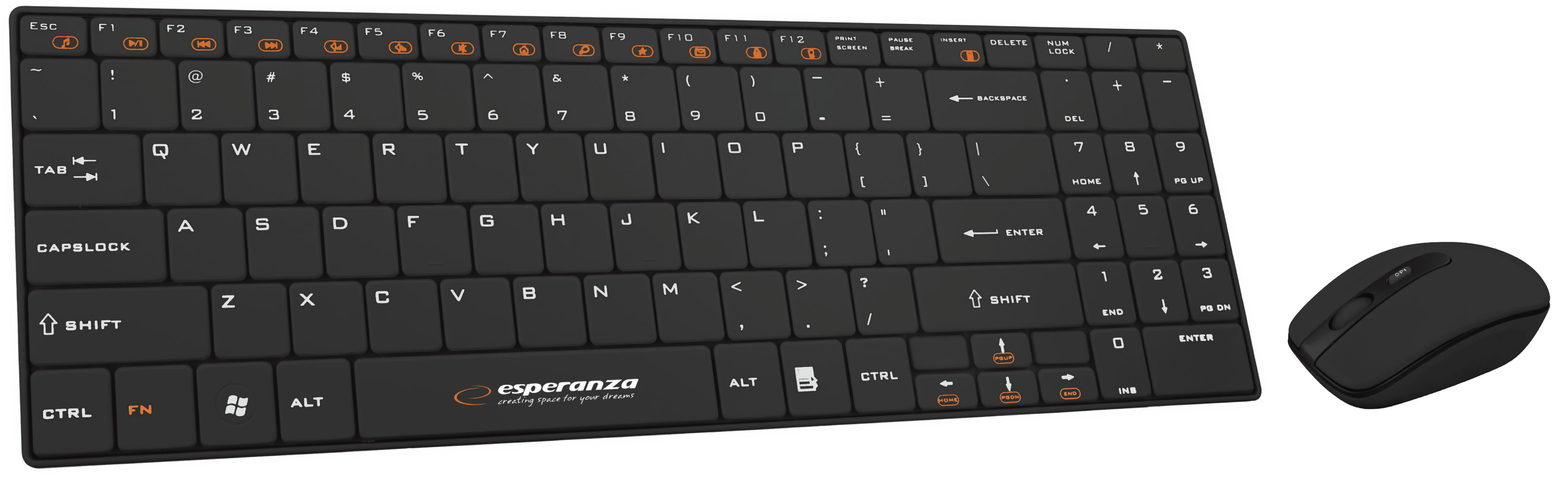 ESP-EK122K--EK122K Zestaw bezprzewodowy klawiatura + mysz 2.4GHz USB Liberty czarnyWygodna, miła w dotyku, najnowszej generacji bezprzewodowa klawiatura multimedialna z myszką. Elegancki wygląd, niskie klawisze klawiatury i gładka, błyszcząca powierzchnia myszki