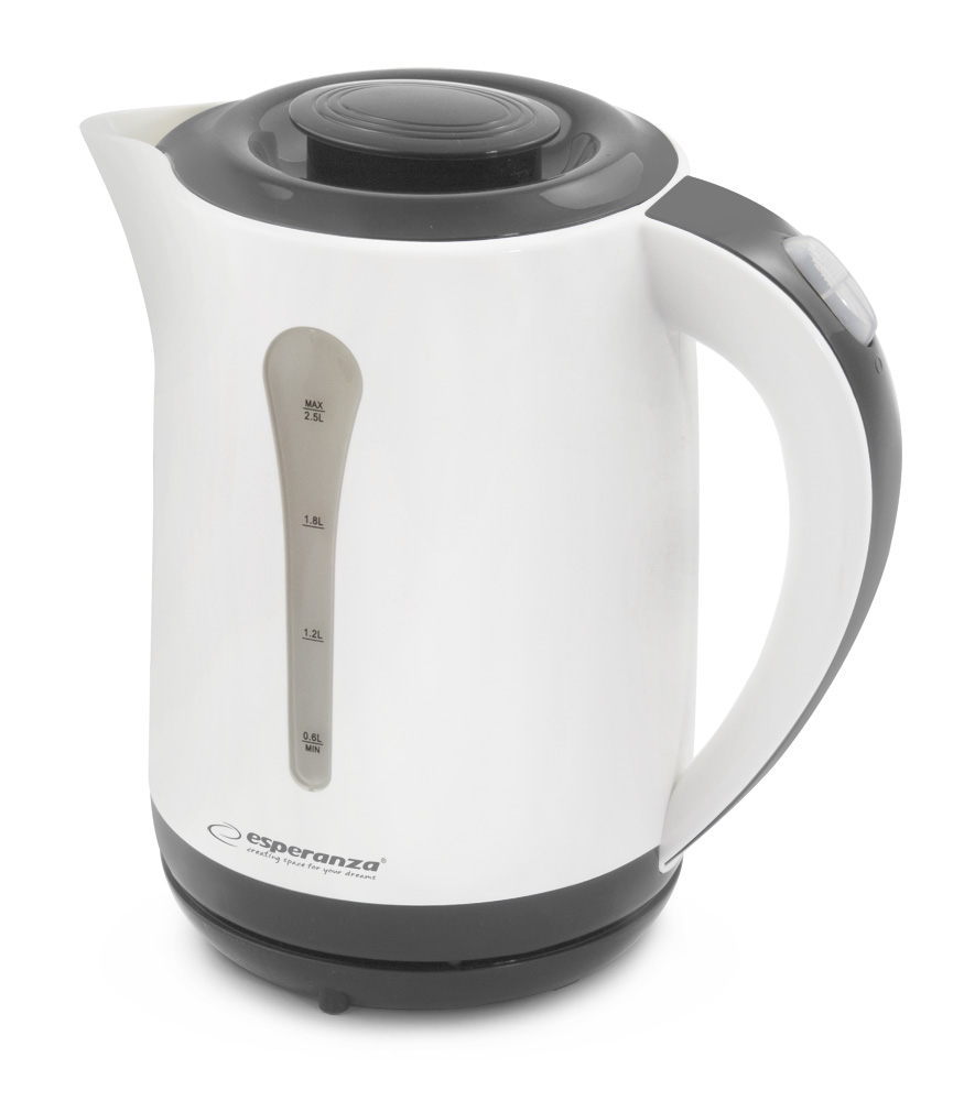 ESP-EKK020--EKK020 Czajnik elektryczny Rio Grande 2.5Bezprzewodowy czajnik elektryczny o klasycznym, ergonomicznym kształcie pasujący do każdego wnętrza i wystroju kuchni. Wykonany z wysokiej jakości żaroodpornego tworzywa. Posiada wbudowaną płytę grzewczą ze st