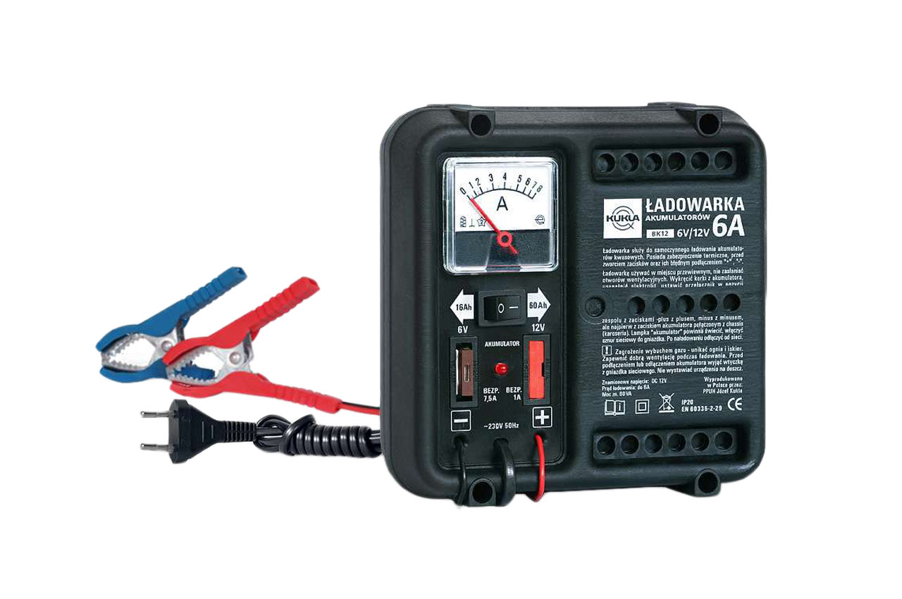 AMI-K5501--Dane techniczne:Napięcie zasilające: ~230V/ 50HzZnamionowe napięcie: DC 12VPrąd ładowania: do 6AMoc znamionowa: 60WŁadowność prostownika: 6V-16Ah, 12V- 60AhWymiar: 15 x 16 x 7 cm