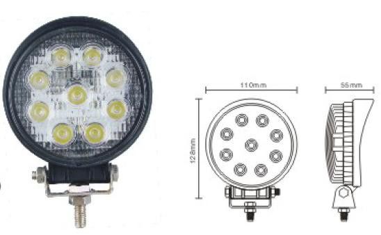 1859--Światło robocze NOXON-R27 D60RNOXON-R27 D60R - robocze światło LED, 27W, ilość diod: 9x3W high intensity Epistar LEDs, napięcie 10V-30V, kąt świecenia 60o, IP67, CERTYFIKAT CE, żywotność 30000H, 1,7A 12V; 0,9A 24V, temp.barwy 6000K, wymiary: śr.115mm