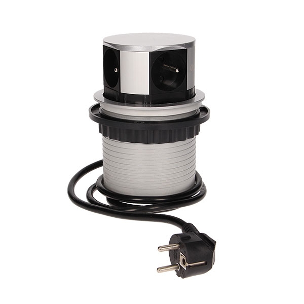 OR-AE-1341--Zestaw czterech gniazd sieciowych z uziemieniem i przesłonami torów prądowych w obudowie chowanej w blat. Urządzenie przeznaczone do montażu w stołach konferencyjnych, blatach mebli biurowych i kuchennych, hotelach. Precyzyjny mechanizm automatycznie