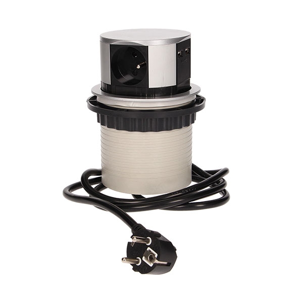 OR-AE-1342--Zestaw trzech gniazd sieciowych z uziemieniem i przesłonami torów prądowych, połączonych z ładowarką USB w obudowie chowanej w blat. Urządzenie przeznaczone do montażu w stołach konferencyjnych, blatach mebli biurowych i kuchennych. Wyposażone w prze