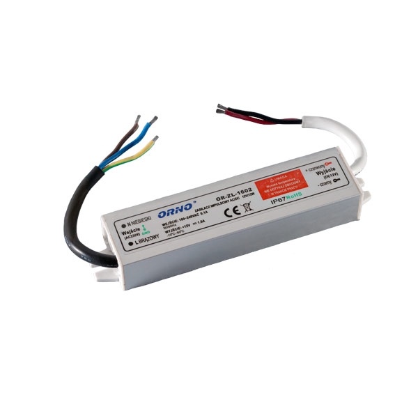 OR-ZL-1602--Zasilacz przeznaczony do systemów oświetleniowych LED, m.in. pojedynczych diod, listew, taśm LED, żarówek, modułów, węży lub neonów, wyposażony w uchwyty pozwalające na przymocowanie do ściany lub sufitu. Charakteryzuje się wodoodporną (IP67), szczel
