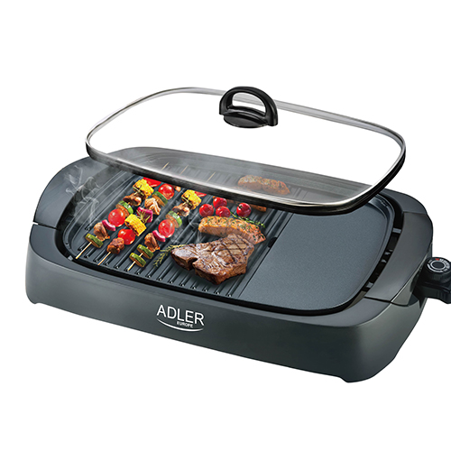 AD 6610--Wysokiej klasy grill elektryczny o dużej  mocy  maksymalnej  3000W, na którym łatwo przyrządzić smakowite dania. Dwa pola grzejne - płaskie i karbowane pozwalają przyrządzić zarówno jedzenie smażone jak i grillowane. Dla wygody użytkownika grill ma s