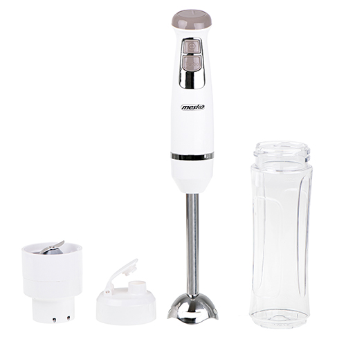 MS 4624--Blender ręczny 2w1 MS4624 umożliwia przygotowanie posiłków w domu, jak i zdrowych smoothie na wynos. Blendowanie bezpośrednio w bidonie, który potem zamykasz i zabierasz ze sobą na cały długi dzień to jego największa zaleta. Mniej przelewania, mniej 