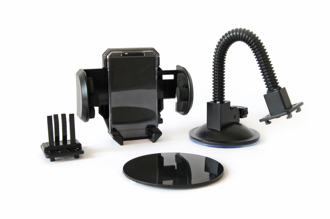 AMI-01250--Uchwyt telefoniczny regulownay w zakresie od 50 do 107mm. Posiada różne możliwości montażu: - przyzsawka do montażu na szybie - specjalna samoprzylepna podstawka do montażu na desce rozdzielczej - uchwyt do montażu na kratce nawiewu