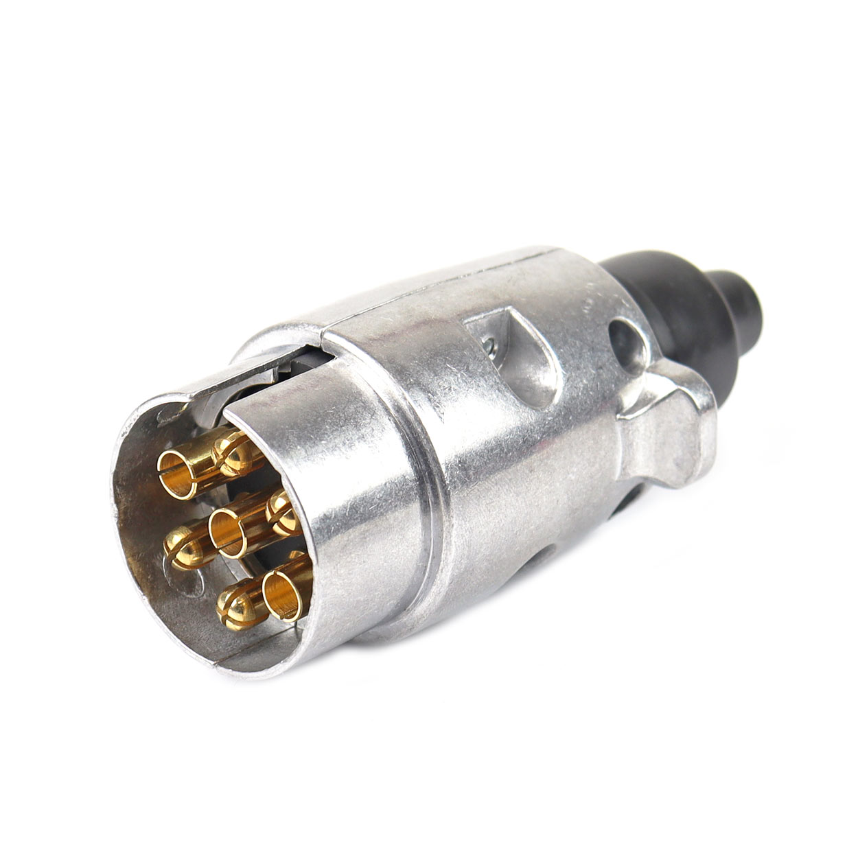 AMI-01255--Wtyczka aluminiowa, metalowa skręcana 7-biegunowa do przyczep oraz lawet. Wtyczka posiada miedziane styki. Przeznaczona jest do instalacji 12/24V. SPECYFIKACJA: Ilość pinów: 7 Napięcie: 12/24V Materiał: aluminium