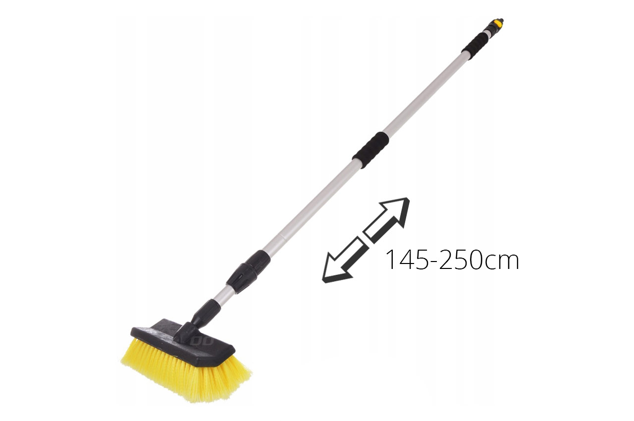 AMI-01274--Solidna szczotka teleskpopowa z aluminiowym trzonkiem o regulowanej długości od 145 do 250cm. Szczotka wykonana z miękkich włókien nie niszczących powłoki lakieru. Trzonek posada piankowe uchwyty, szybkozłączkę do podłączenia węża z wodą oraz zawór p