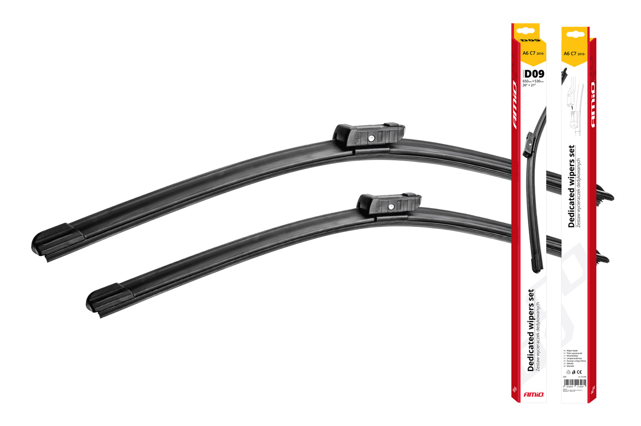 AMI-01331--Zestaw wysokiej jakości płaskich wycieraczek specjalnie przygotowanych dla danego modelu samochodu. Długość: - 650mm i 530mm (26", 21") Pasują do: - A6 C7 2010-> Model wycieraczek: D09