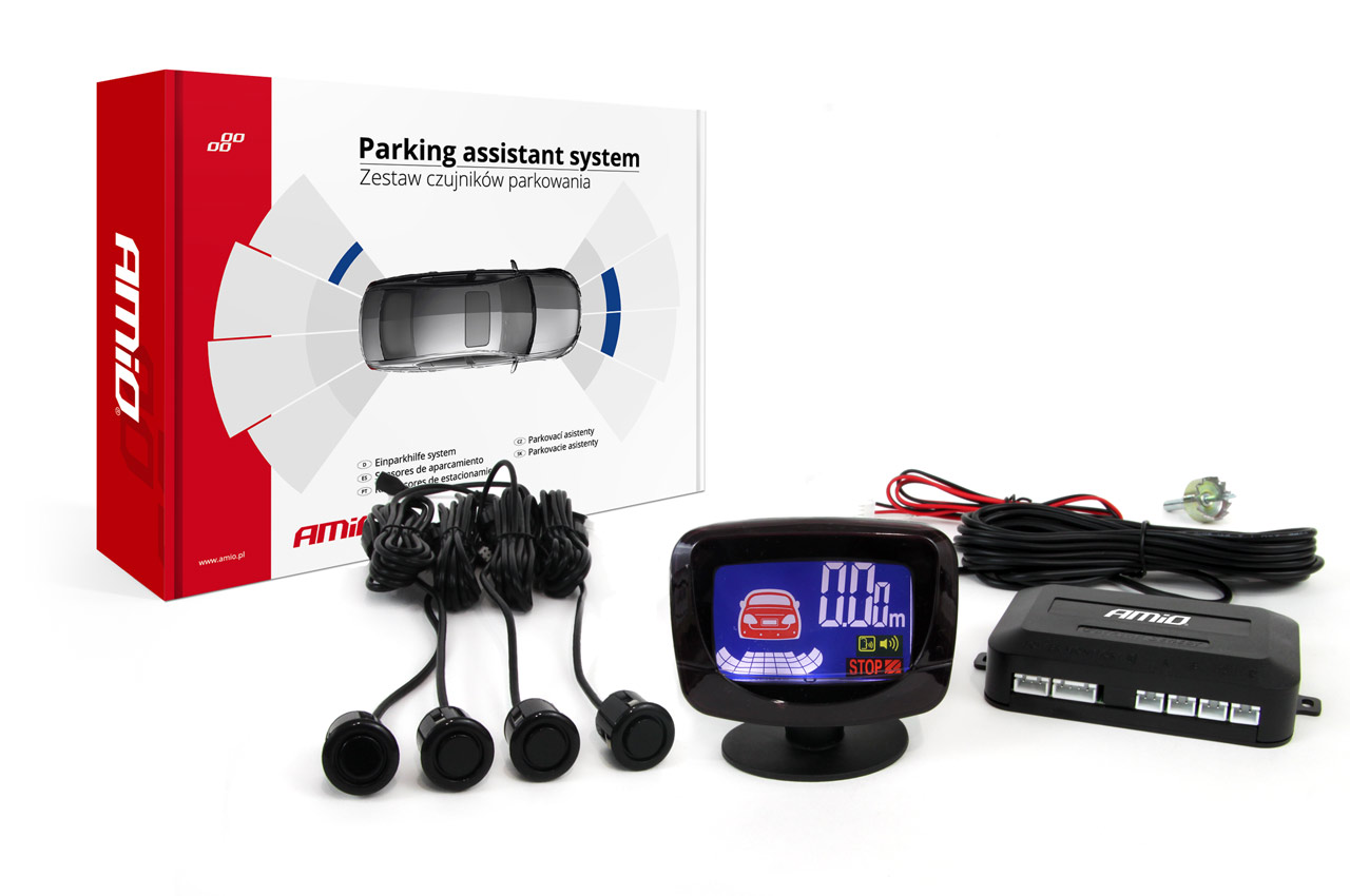 AMI-01578--Zestaw niezawodnych czujników parkowania, w którego skład wchodzi: Centralka 4-sensorowa, 4 sensory czarne Gold 18mm, wyświetlacz LED z graficznie przedstawionym wizerunkiem pojazdu. otwornica do wywiercenia otworów w zderzaku instrukcja montażu Czuj