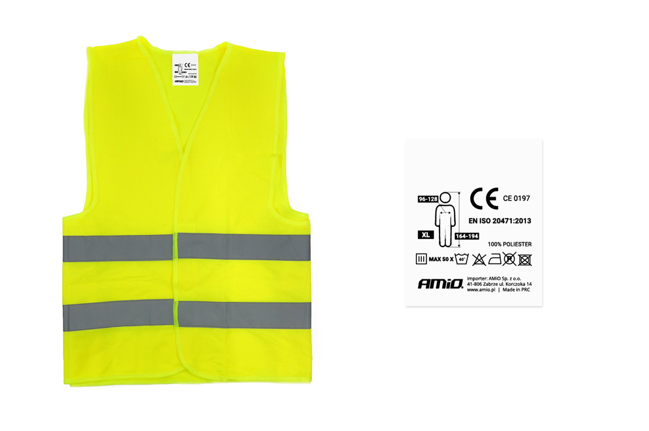 AMI-01734--Kamizelka odblaskowa , ostrzegawcza. Rozmiar XL. Pasuje na osoby: szerokość w klatce 96 - 128 cm, wzrost od 164-194cm. Kamizelka posiada CERTYFIKAT CE , fluorescencyjna z taśmami odblaskowymi, zapinana na rzepy. Materiał: dzianina poliestrowa, taśma 