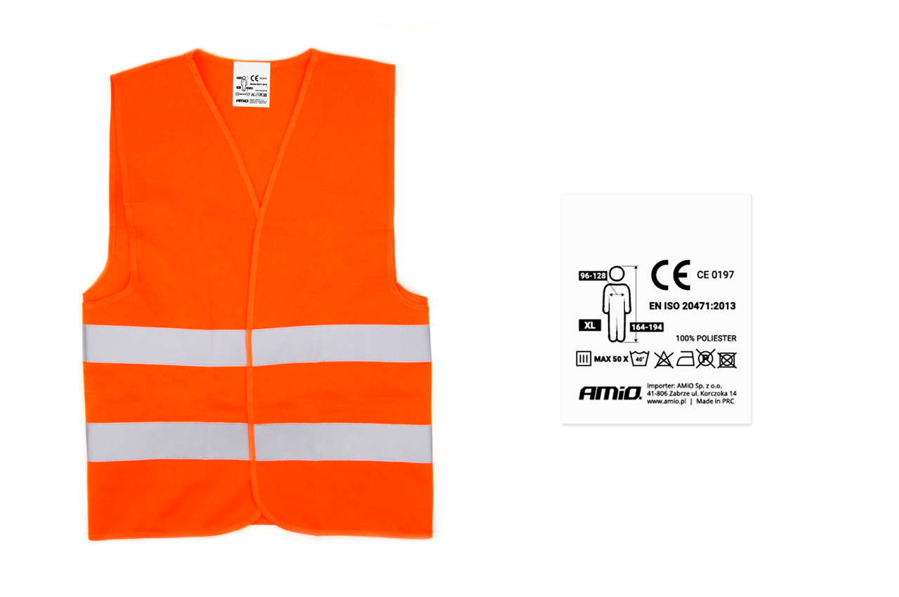 AMI-01735--Kamizelka odblaskowa , ostrzegawcza. Rozmiar XL. Pasuje na osoby: szerokość w klatce 96 - 128 cm, wzrost od 164-194cm. Kamizelka posiada CERTYFIKAT CE , fluorescencyjna z taśmami odblaskowymi, zapinana na rzepy. Materiał: dzianina poliestrowa, taśma 