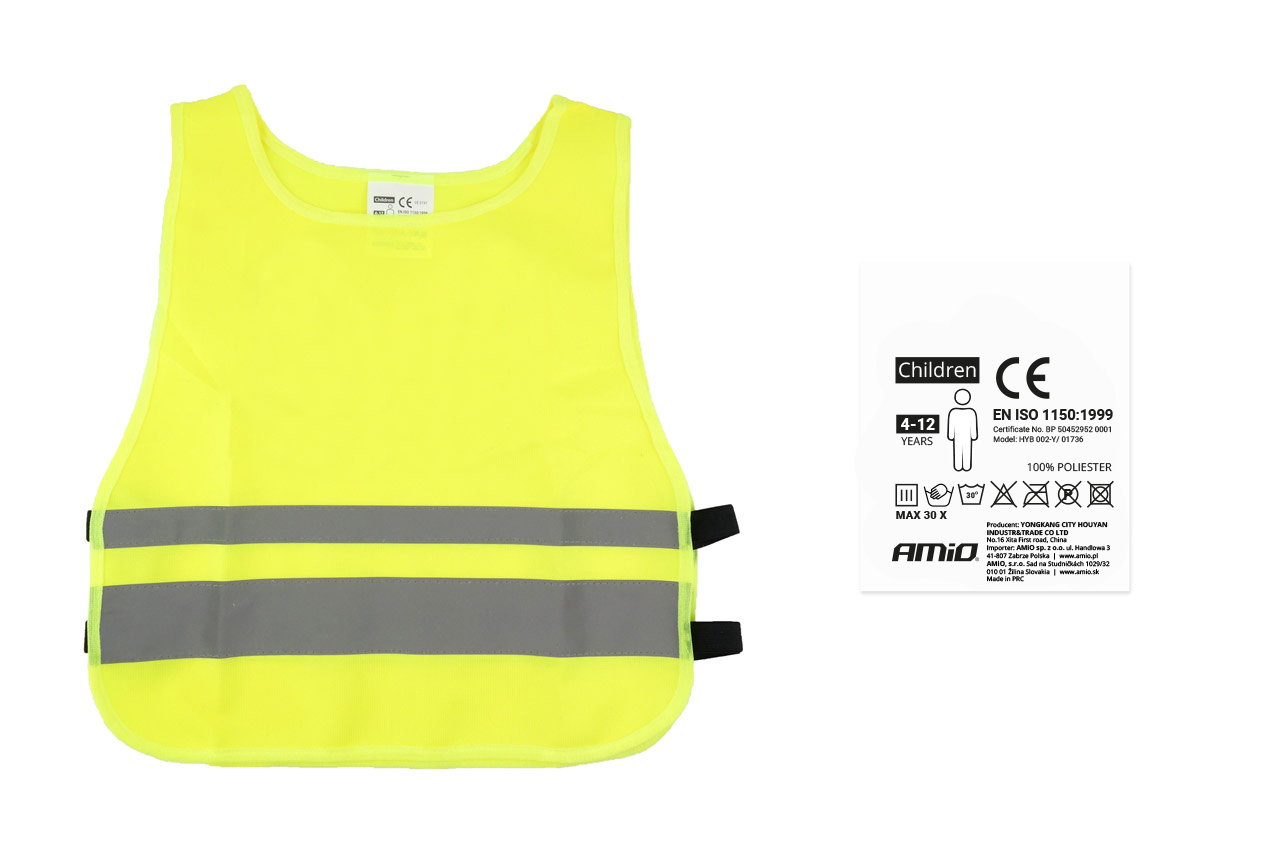 AMI-01736--Doskonała kamizelka z odblaskami dla dzieci, jaskrawy, żółty kolor sprawia, że dziecko dobrze widoczne na drodze podczas wystąpienia awarii samochodu lub podczas wycieczki itp. Kamizelkę warto zawsze mieć ze sobą w plecaku, czy w samochodzie - w razi