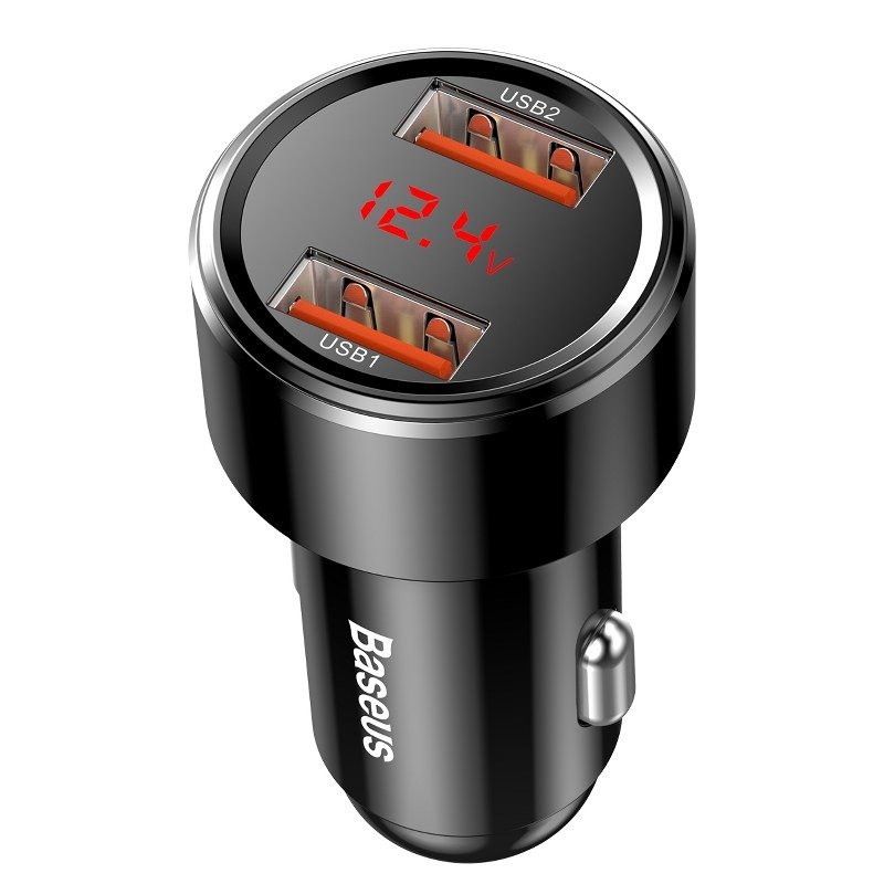 AMI-BAS29321--Wydajna ładowarka samochodowa Baseus z dwoma wejściami USB Inteligentna ładowarka samochodowa, która dostosowuje moc zasilania w zależności od ładowanego urządzenia. Umożliwia bezpieczne ładowanie, bez obaw o uszkodzenie sprzętu. Pozwala na ładowanie