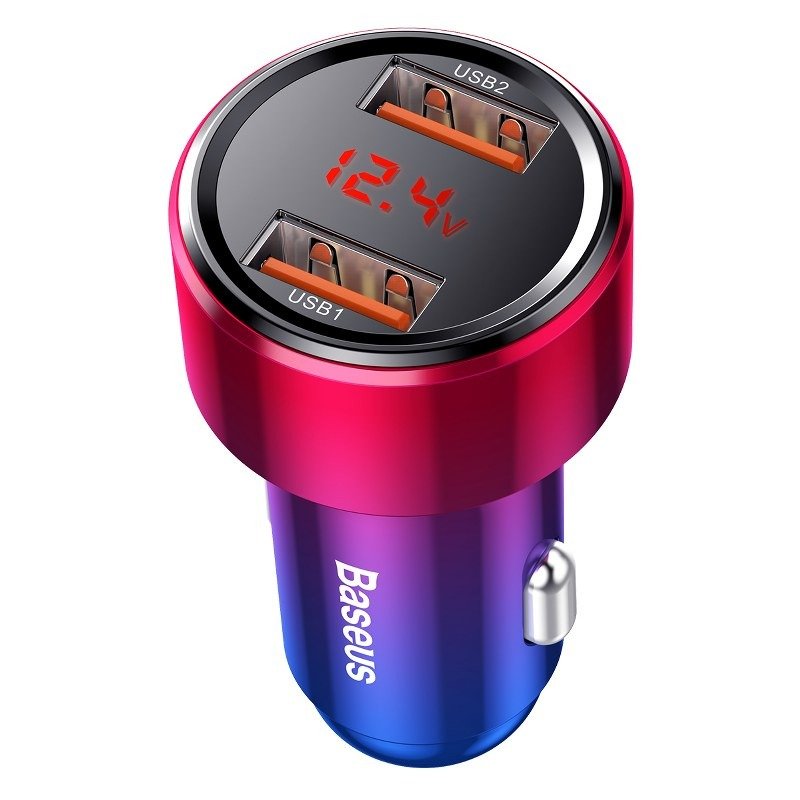 AMI-BAS29323--Wydajna ładowarka samochodowa Baseus z dwoma wejściami USB Inteligentna ładowarka samochodowa, która dostosowuje moc zasilania w zależności od ładowanego urządzenia. Umożliwia bezpieczne ładowanie, bez obaw o uszkodzenie sprzętu. Pozwala na ładowanie