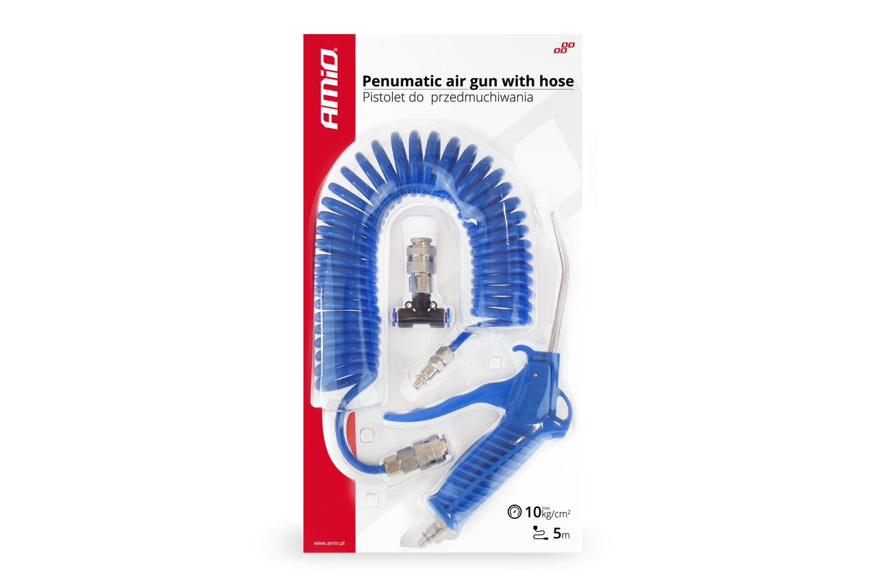 AMI-02158--Pistolet do przedmuchiwania z wężem i trójnikiem w zestawie. Służy do usuwania różnego rodzaju zanieczyszczeń strumieniem sprężonego powietrza. Mała średnica końcówki pistoletu umożliwia usunięcie zanieczyszczeń z nawet niewielkich otworów i szczelin