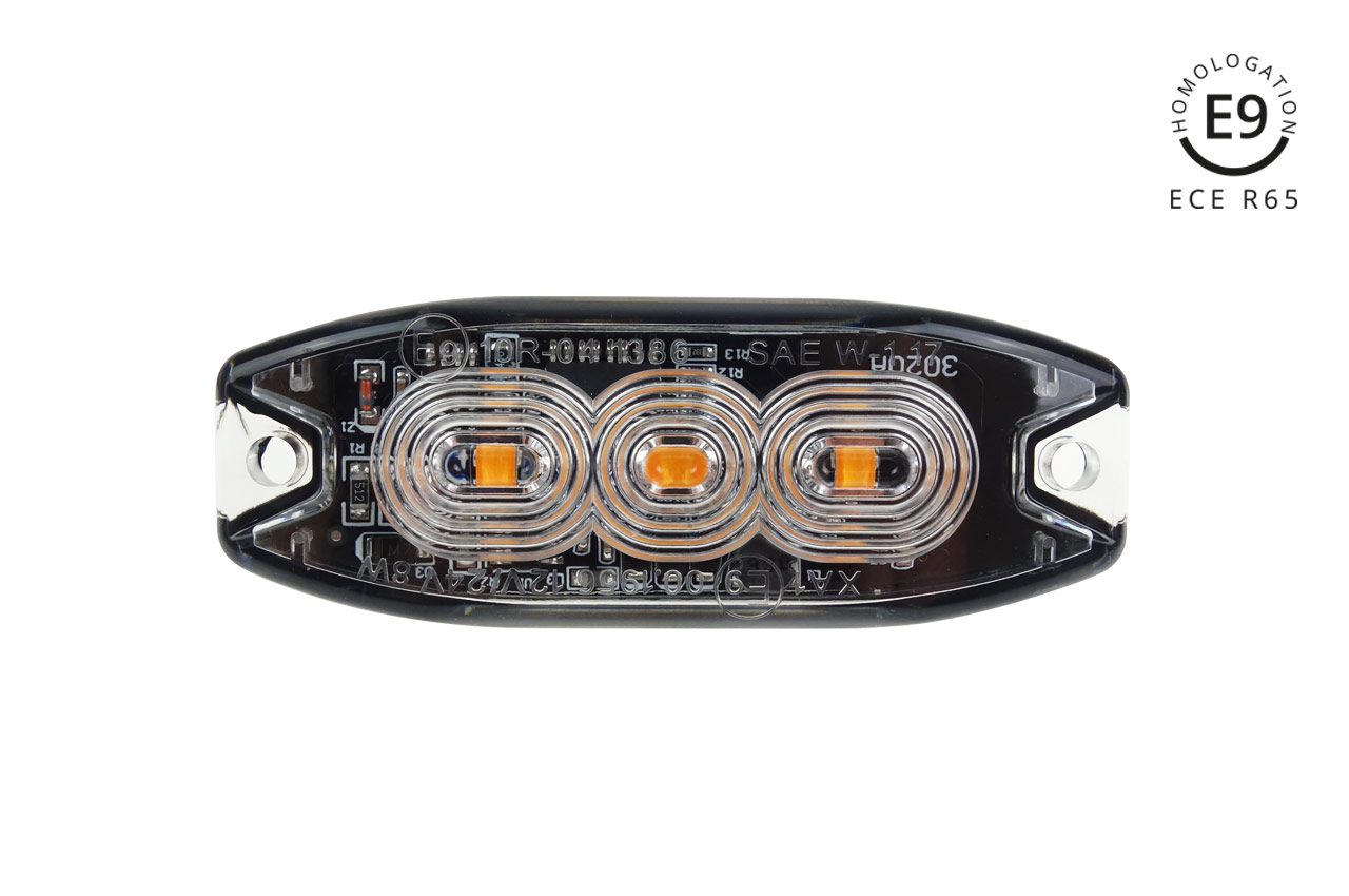 AMI-02297--Specyfikacja Techniczna: - Homologacja: ECE R65,ECE R10 - Diody 3LED x 3 W - Podwójny mrugnięcie SAE J595 CLASS1 - Kolor światła: pomarańczowy - Napięcie stałe: DC 12~24V - Stopień ochrony: IP67 - Posiada 5 klabli, 19 różnych wzorów błyskowych - Posi