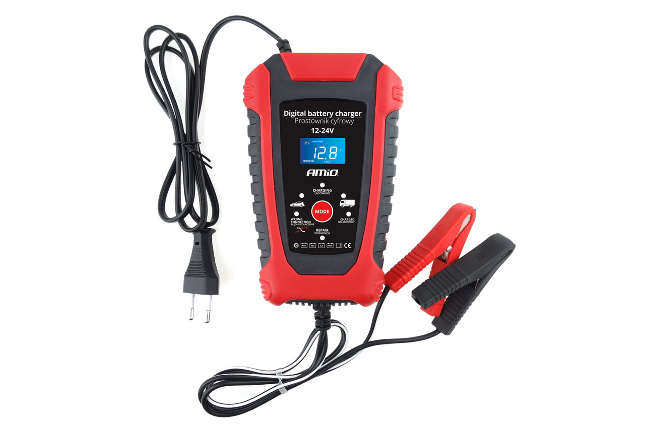 AMI-02379--WŁAŚCIWOŚCI: cyfrowy wyświetlacz sterowany mikroprocesorem automatyczne wykrywanie napięcia 12V lub 24V do akumulatorów kwasowo-ołowiowych, żelowych, agm i sla wbudowane zabezpieczenia: odwrotna polaryzacja, nadprądowe, przepięcia, przegrzania PARAME