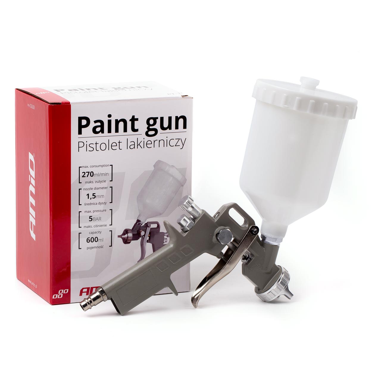 AMI-02628--PISTOLET LAKIERNICZY 600ml Z DYSZĄ 1,5mm Pistolet wykonany w technologii HVLP - dostosowanej do niższego ciśnienia, co pozwala na oszczędności do 30% lakieru. Do pracy pistoletem niezbędna jest odpowiednia instalacja pneumatyczna ze sprężonym powietr