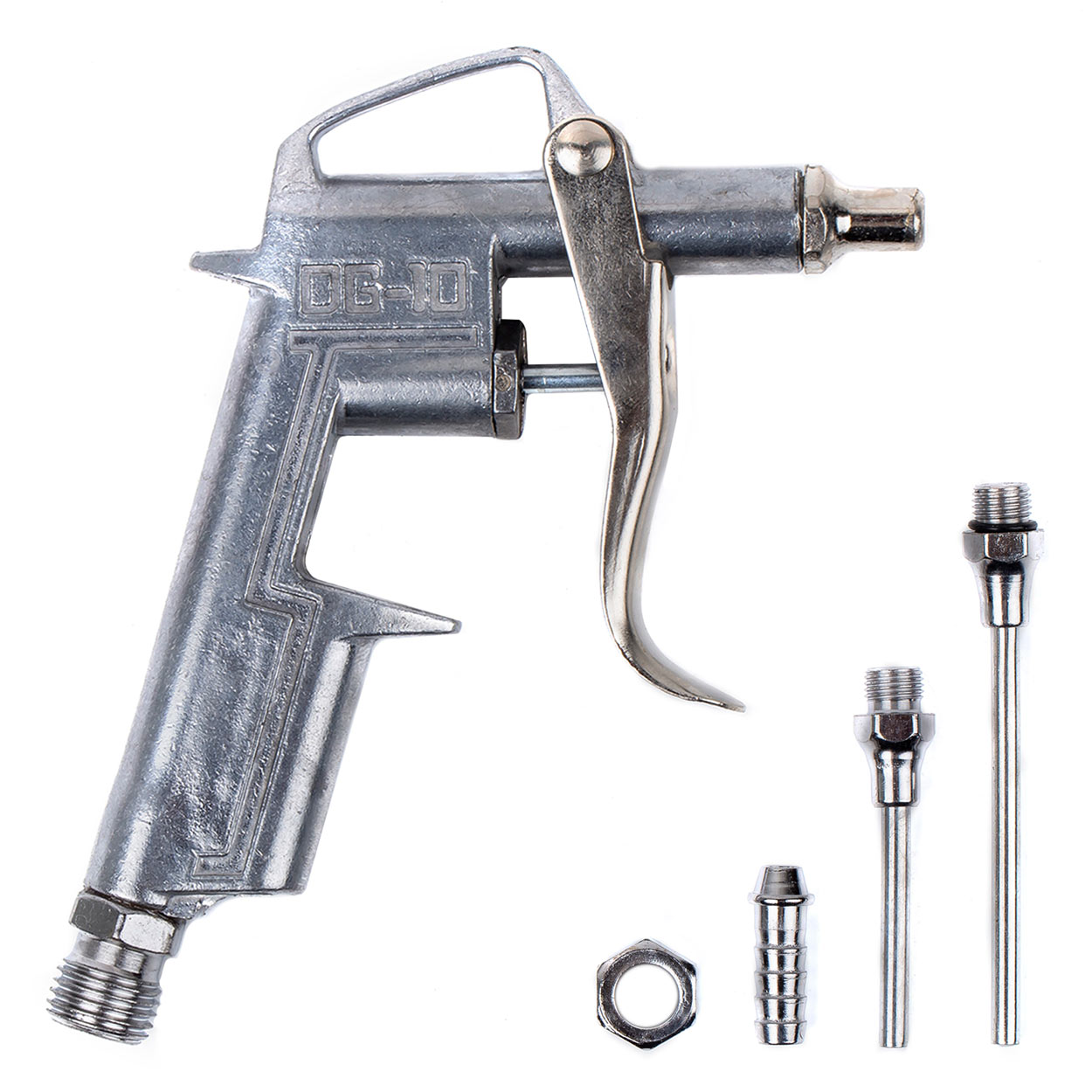AMI-02632--PISTOLET DO PRZEDMUCHIWANIA Z KOŃCóWKAMI Pistolet do przedmuchiwania o aluminiowym korpusie służy do oczyszczania strumieniem sprężonego powietrza zabrudzonych powierzchni doskonale przydatny do usuwania pyłów, piasku, wiórów itd. przy użyciu sprężon