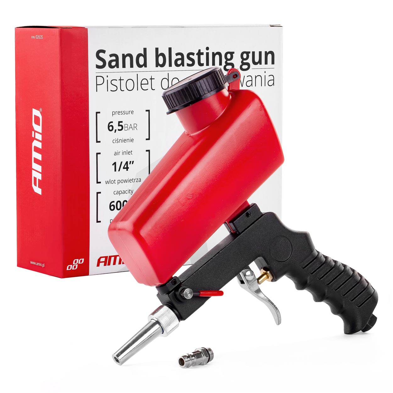 AMI-02635--PISTOLET DO PIASKOWANIA ZE ZBIORNIKIEM Prosty w obsłudze pistolet do piaskowania, idealnie sprawdza się przy zdzieraniu farby, usuwaniu rdzy i innych prac czyszczących. Ze względu na dyszę niewielkich rozmiarów i górny zbiornik piasek wyrzucany jest 