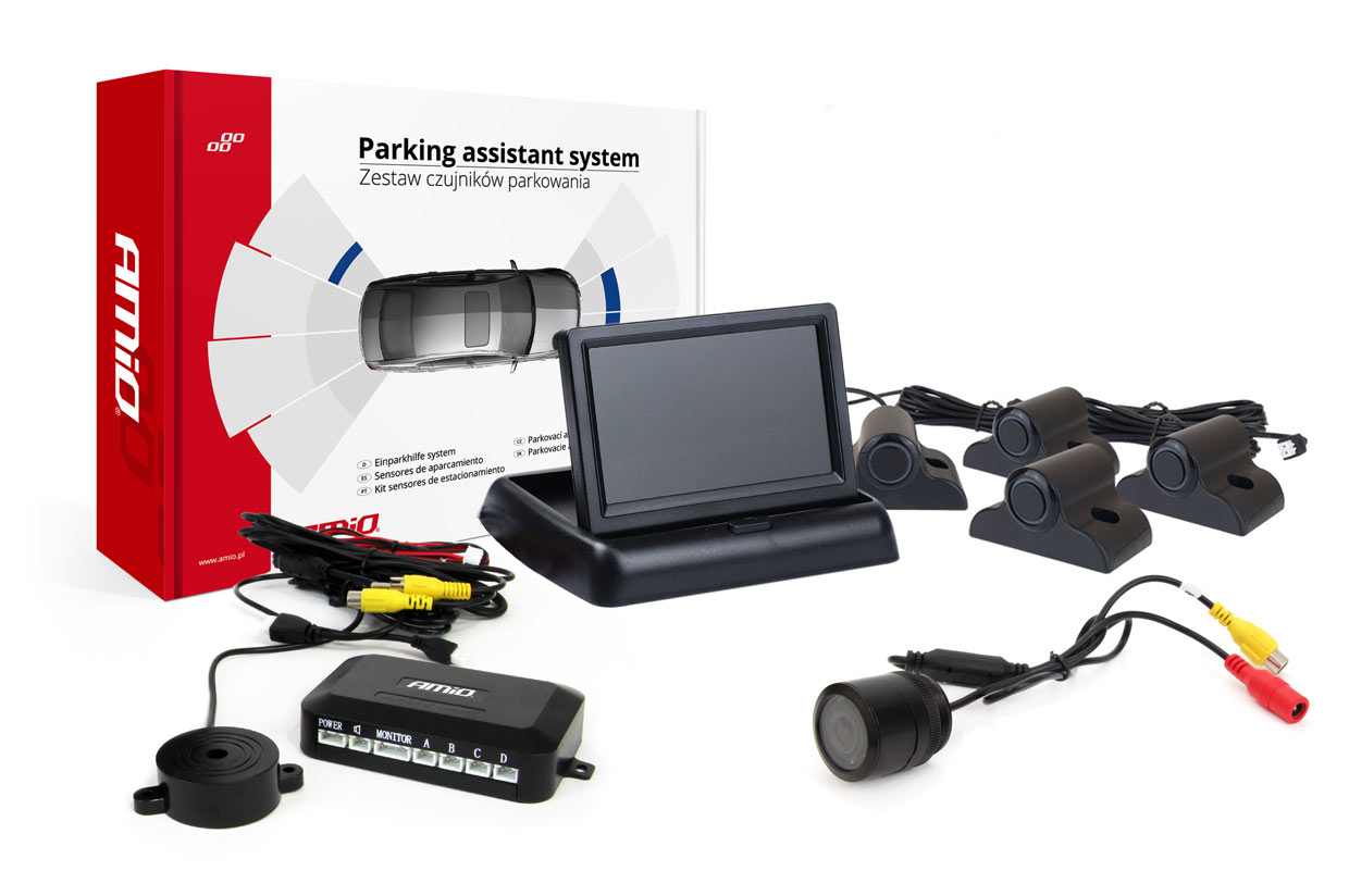 AMI-02732--Asystent parkowania kompletny zestaw czujniki + kamera z wyświetlaczem. W skład zestawu wchodzi : wyświetlacz czujniki kamera centralka kompletne okablowanie Kamera i czujniki załączają się automatycznie w momencie wrzucenia biegu wstecznego. Czujnik