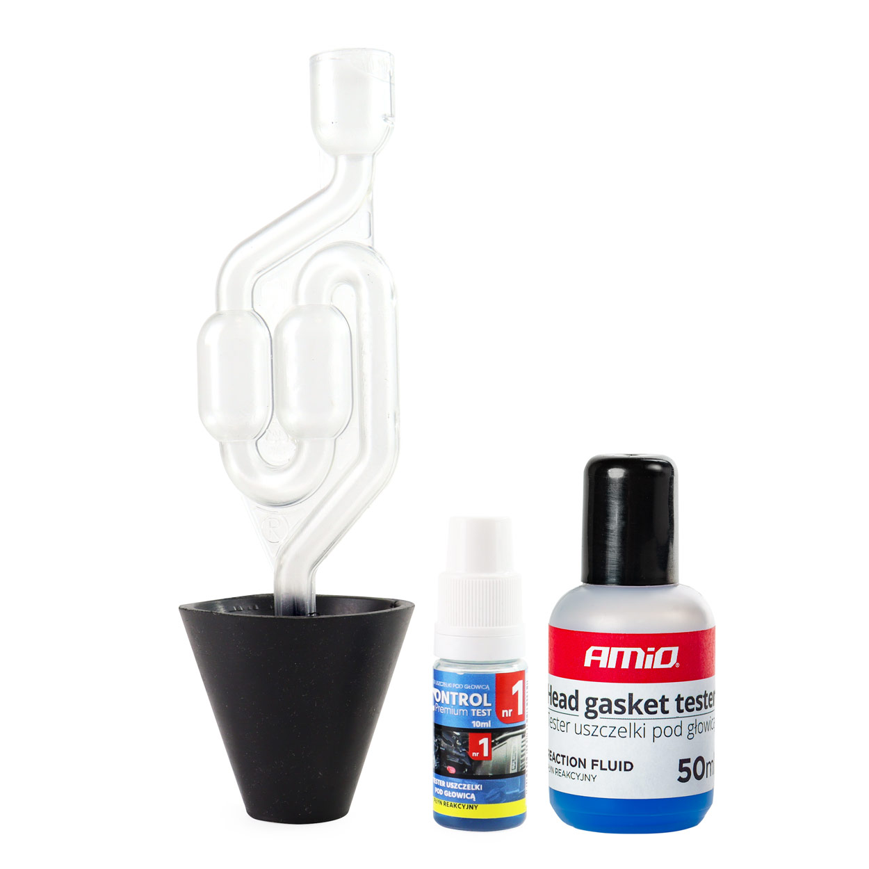 AMI-02804.--Tester Szczelności Uszczelki pod Głowicą do Pomiaru Zawartości CO2 w Układzie Chłodzenia Tester został stworzony do wyeliminowania podejrzenia uszkodzenia uszczelki głowicy oraz samej głowicy w pojazdach spalinowych z silnikiem benzynowym, diesla i L