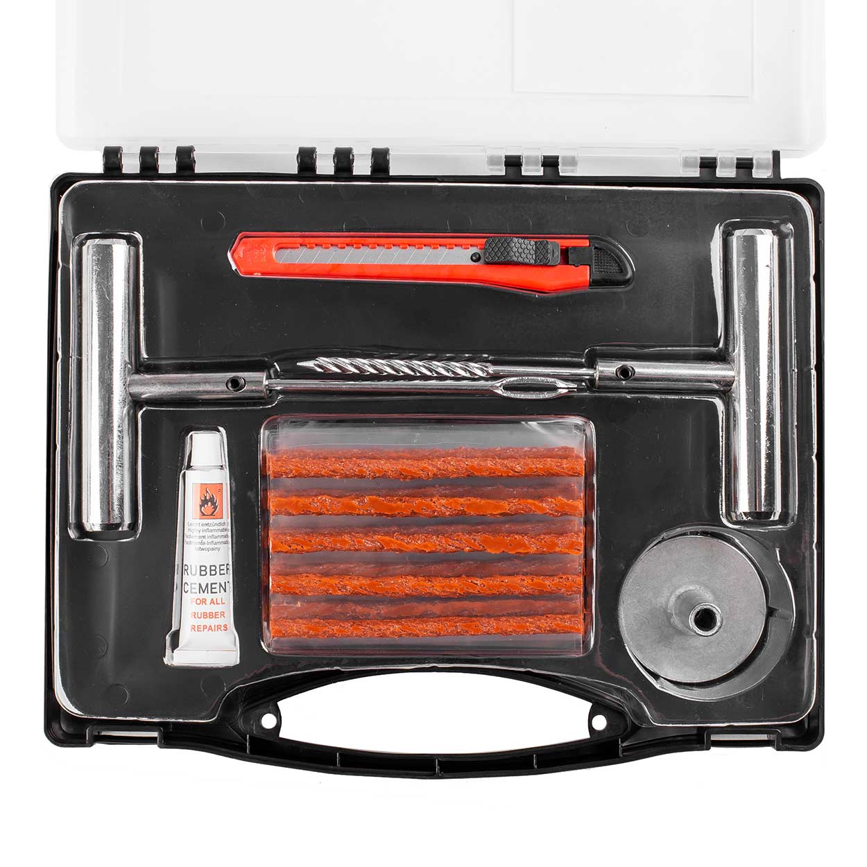 AMI-02829--Zestaw do naprawy opon samochodowych. Komplet jest prosty w obsłudze i uniwersalny. Umożliwia naprawę opony w kilka minut. Idealne rozwiązanie w sytuacji awaryjnej. Pozwala na dalszą jazdę po przebiciu opony, bez konieczności wzywania wyspecjalizowan