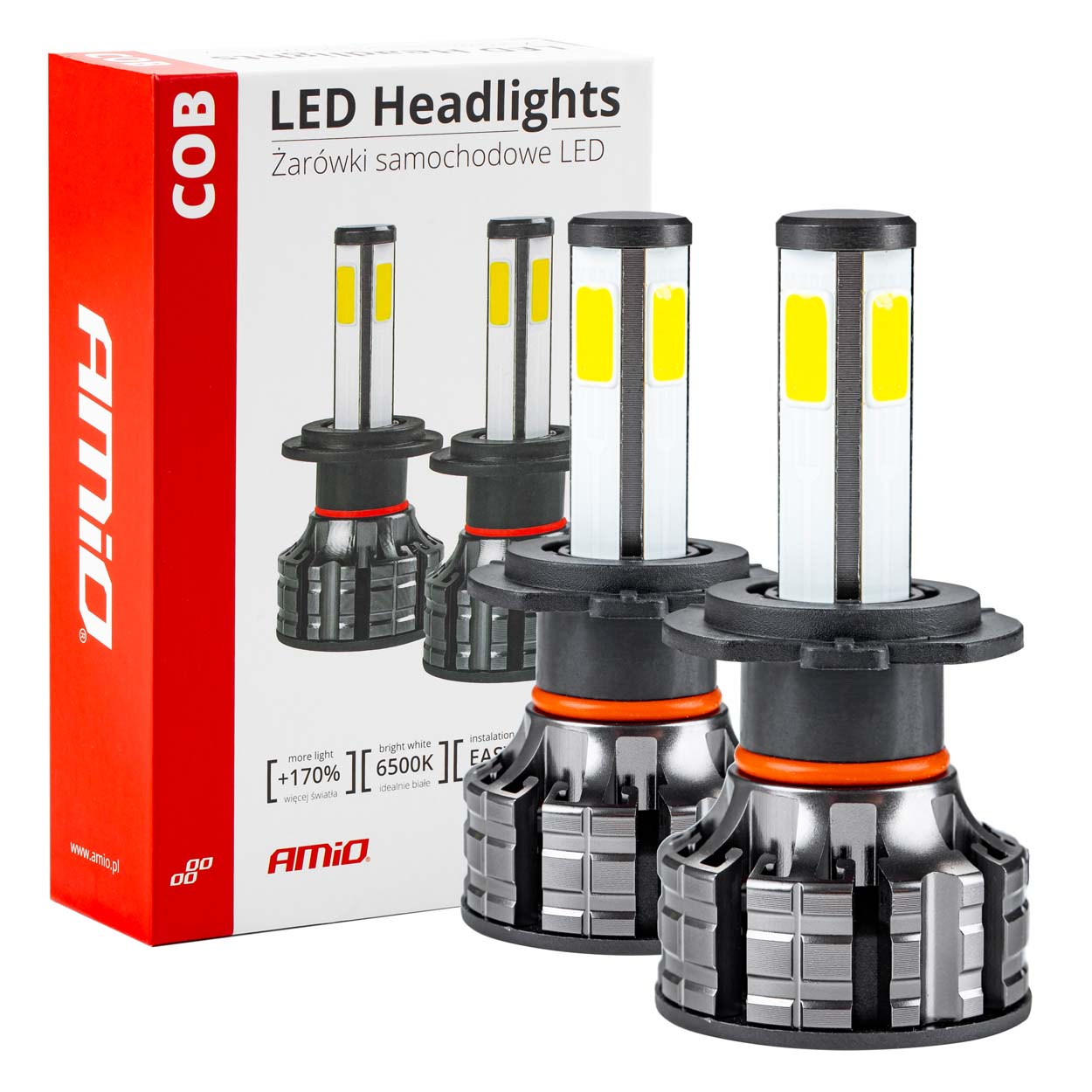 AMI-02844--Komplet wysokiej jakości żarówek wykonanych w nowoczesnej i energooszczędnej technologii COB Żarówki Headlight COB 4Side charakteryzują się bardzo wysoką jakością wykonania. Specjalnie zaprojektowany radiator w połączeniu z chłodzeniem aktywnym zapew