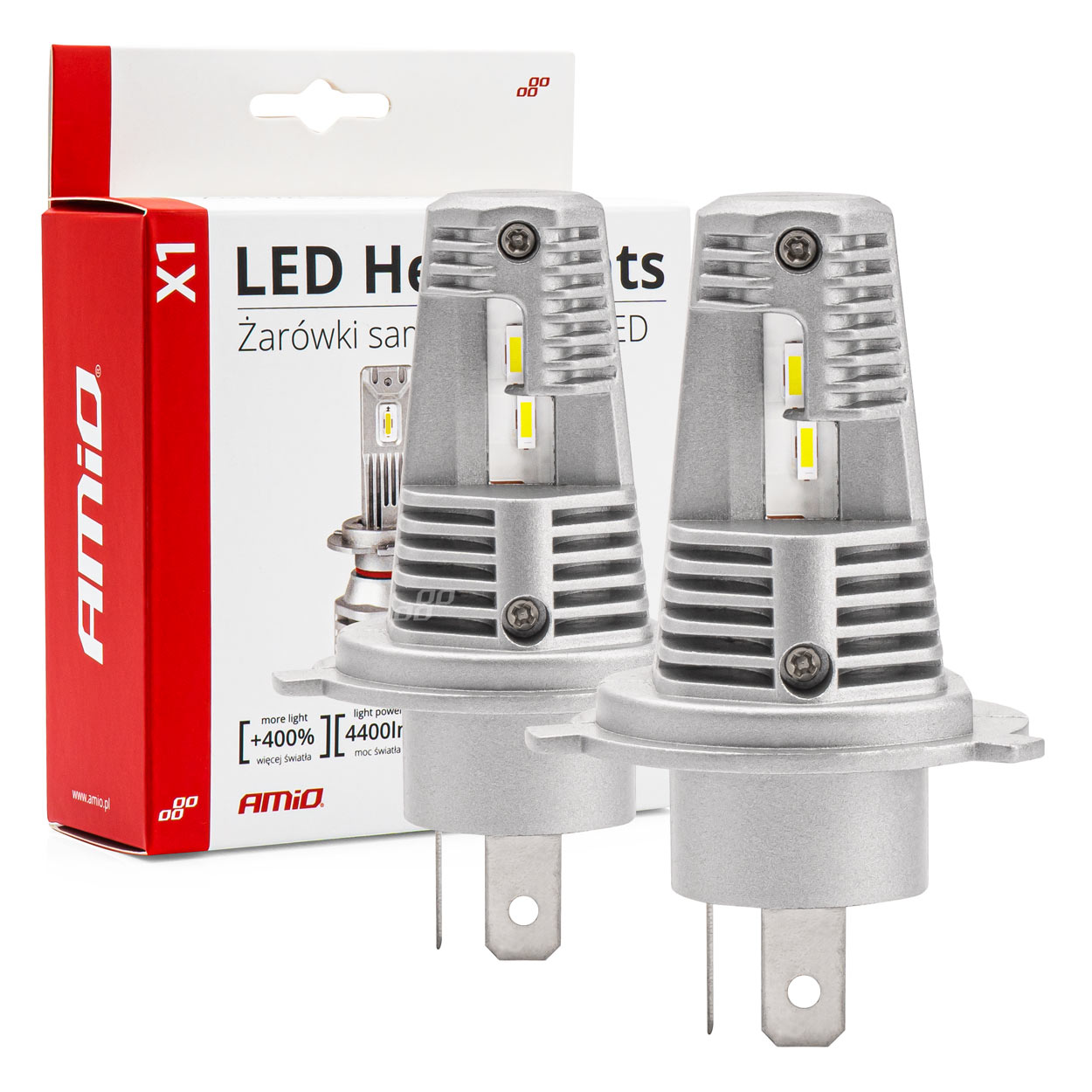 AMI-02965--Żarówki LED H4 AMiO seria X1 charakteryzują się bardzo wysoką jakością wykonania. Proponowany zestaw emituje jaśniejsze i bardziej skoncentrowane światło, co pozwala na lepszą widoczność drogi w warunkach ograniczonego oświetlenia, takich jak zmrok, 