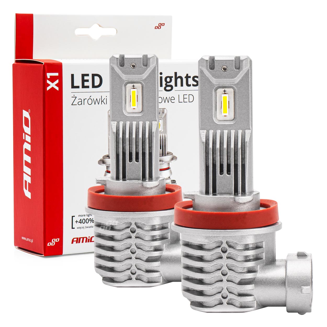 AMI-02967--Żarówki LED H8/H9/H11 AMiO seria X1 charakteryzują się bardzo wysoką jakością wykonania. Proponowany zestaw emituje jaśniejsze i bardziej skoncentrowane światło, co pozwala na lepszą widoczność drogi w warunkach ograniczonego oświetlenia, takich jak 